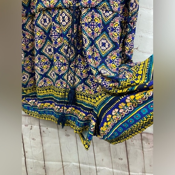 Old Navy Womens Size Large Romper Blue Yellow Floral Stretch Scoop Button - Picture 4 of 12